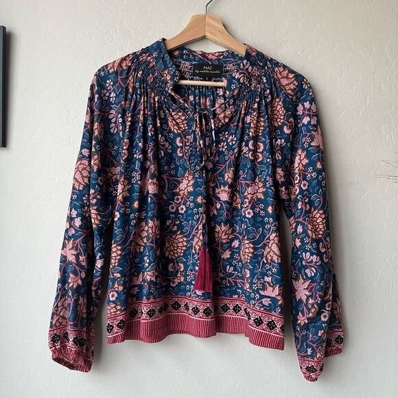 Nat by Natalie Martin Blue Floral Print Tassel Peasant Blouse Size Small - Picture 2 of 8